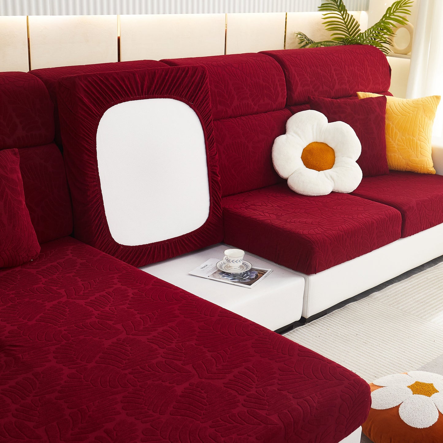 Leaf Pattern Jacquard Fabric Stretchable Cushion Cover, Non-Slip Furniture Protector for Kids, L Shaped Couch Covers
