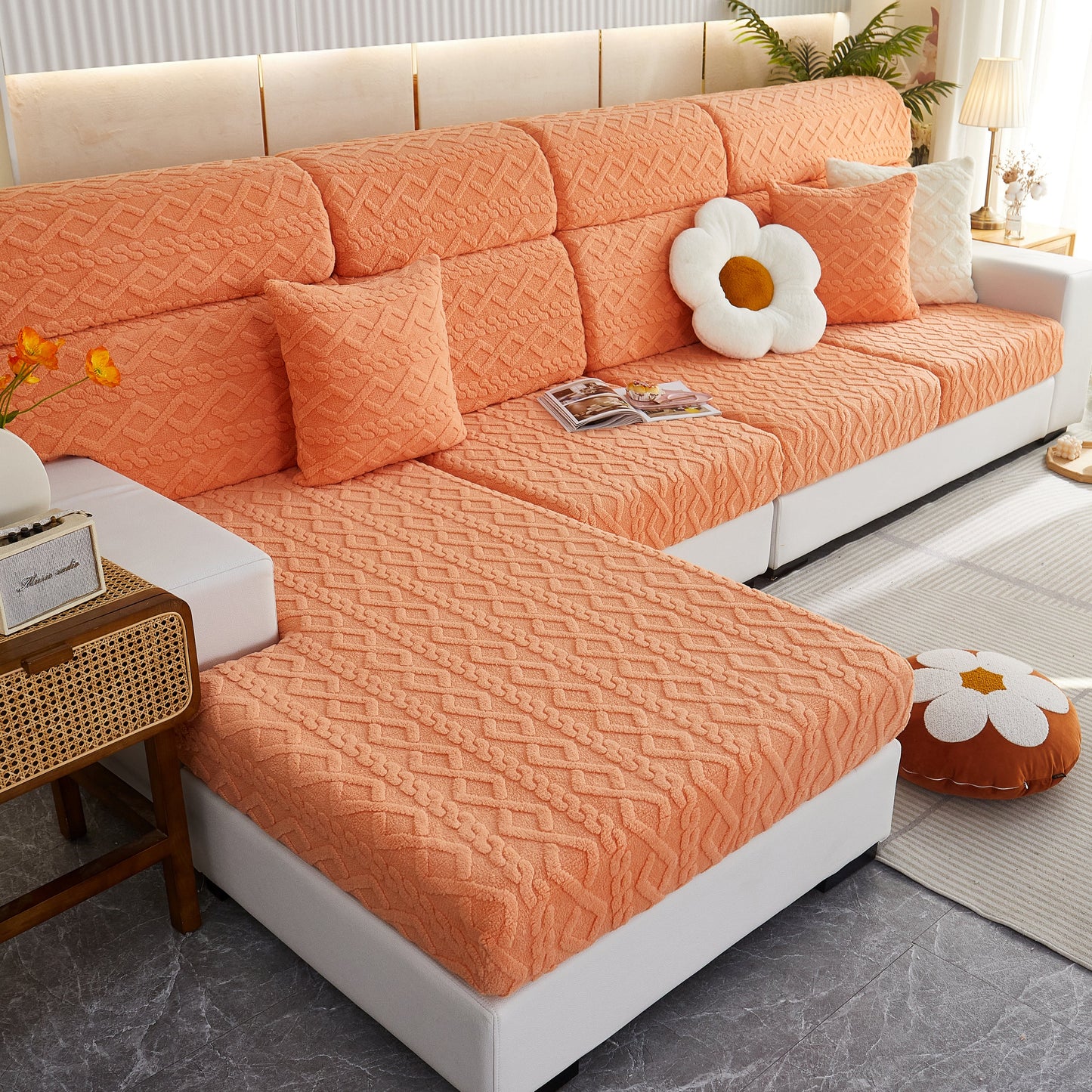 Stretchable Cotton Velvet Non-Slip Furniture Covers Couch Cushion Covers for L-Shaped Sofa, Pets