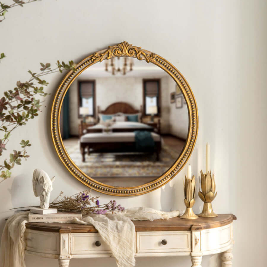 Vintage Round Gold Wall Mirror with Ornate Carved Wood Frame