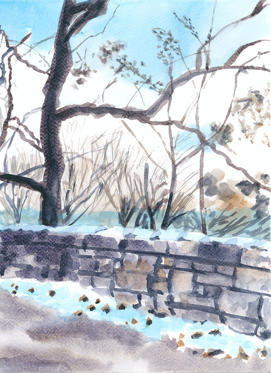 Snowy Path in Fort Tryon Park, NYC, watercolor painting