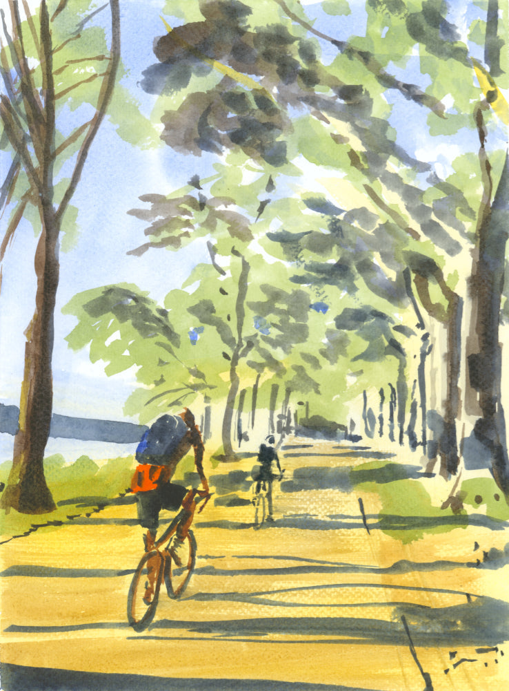 Biking in the Light, Manhattan, Hudson River, watercolor painting