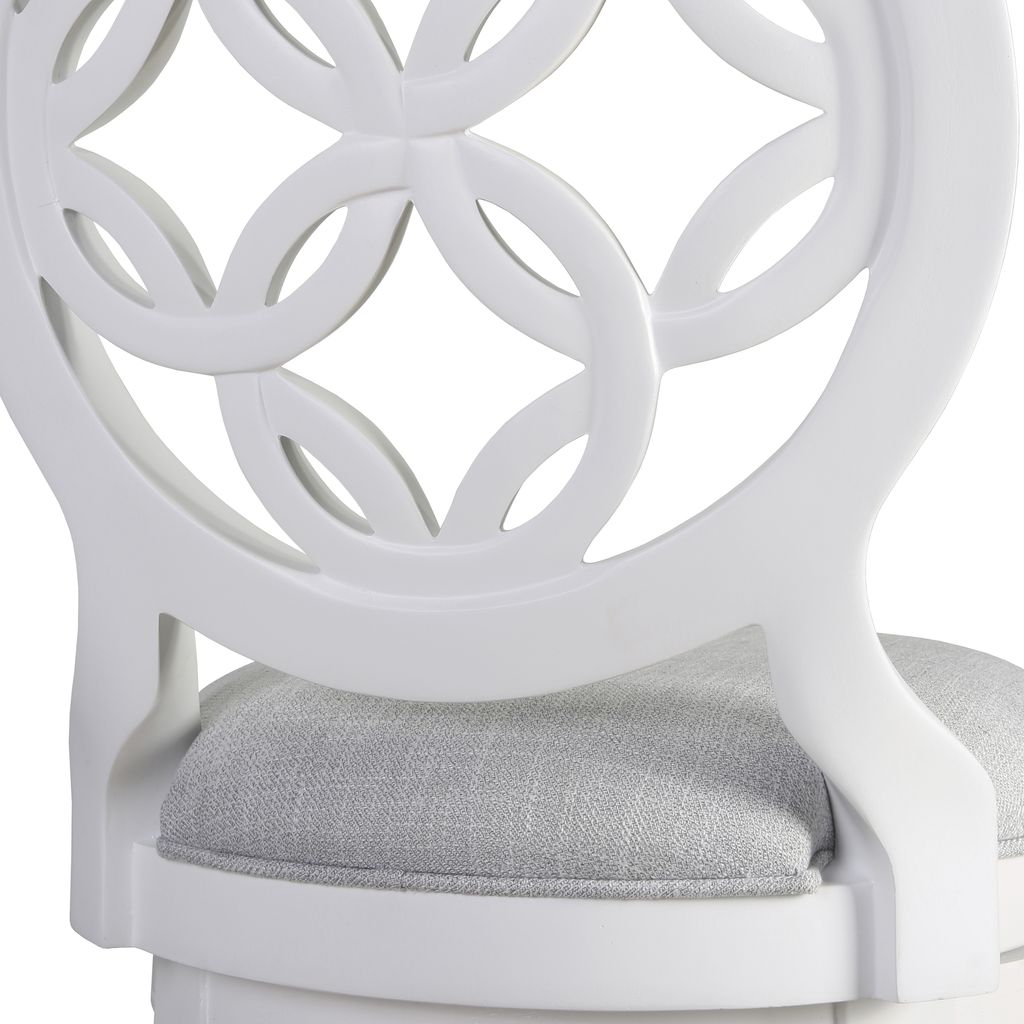 Gastonia Swivel Stool In White featuring a stylish circular back design and grey plush seat.