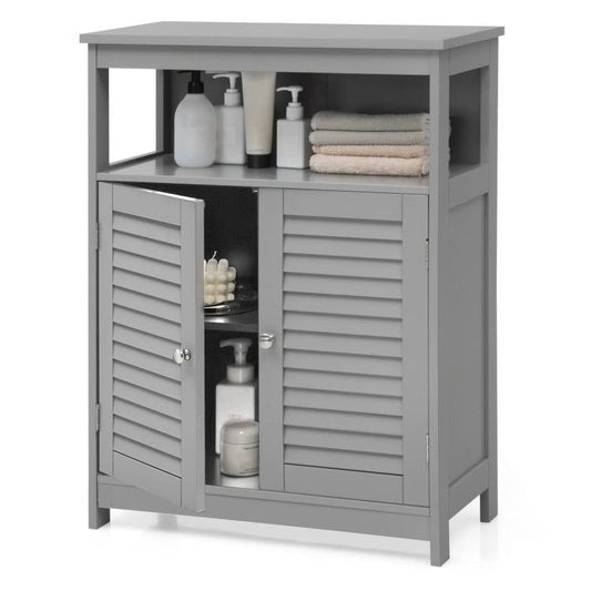 Gray cabinet with open doors displaying bathroom items on a white background
