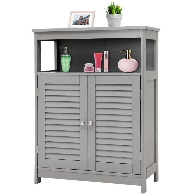 Gray storage cabinet with doors, containing various items on a white background