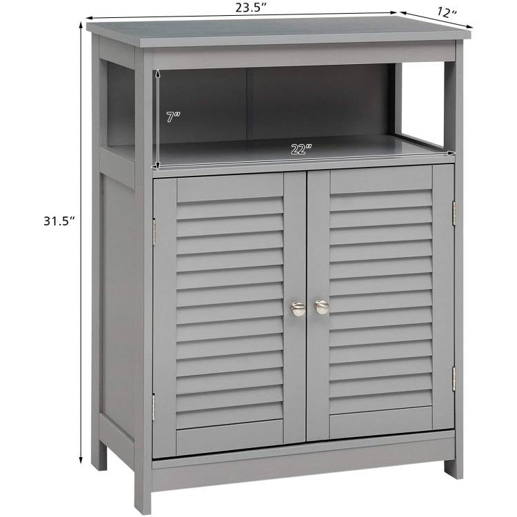 Gray cabinet with shutter doors and dimensions on a white background
