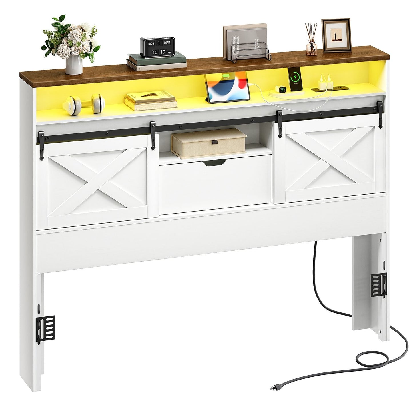 Headboard Queen Size with Storage Charging Station - White & Walnut
