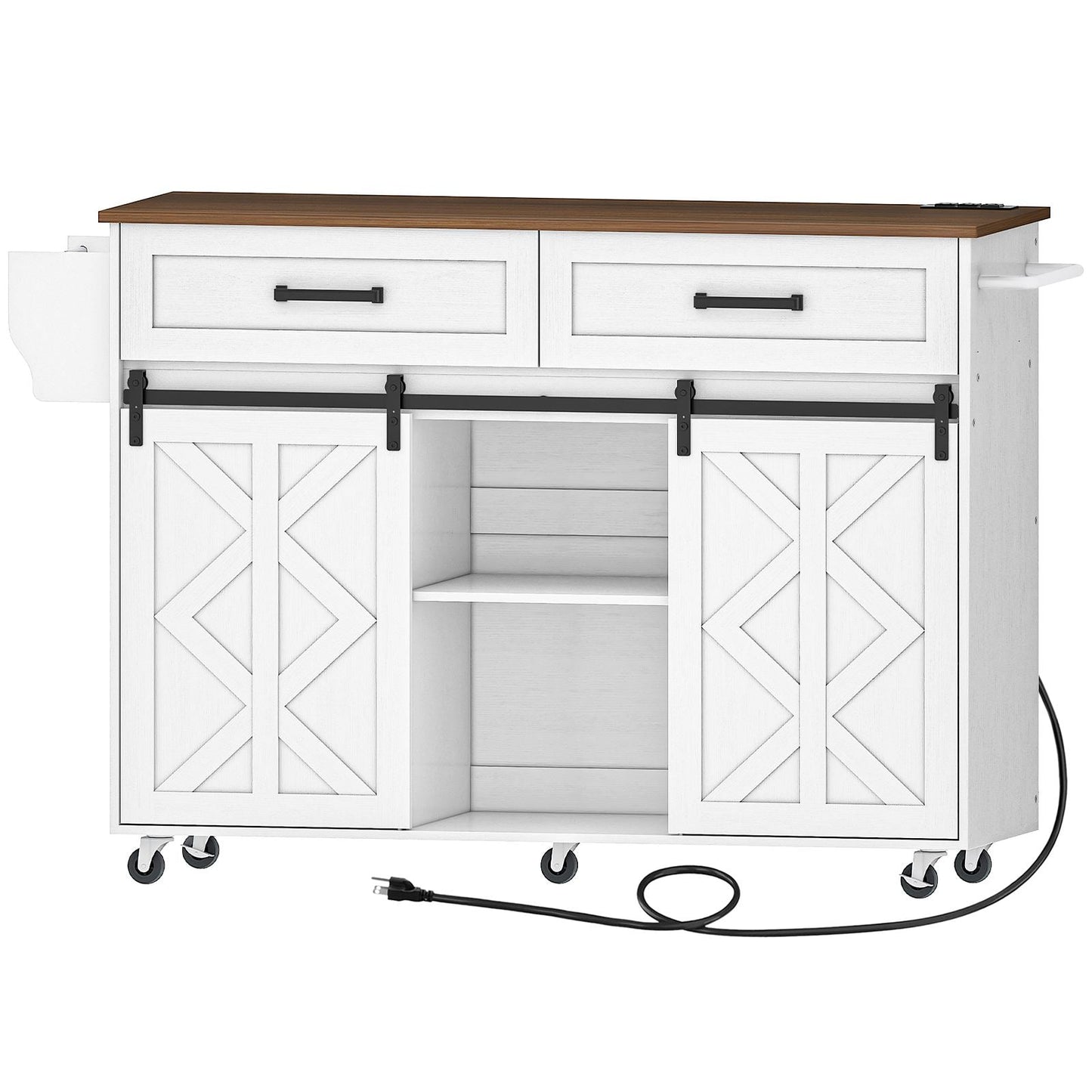 Kitchen Island with Power Outlet with Drawers - White & Walnut