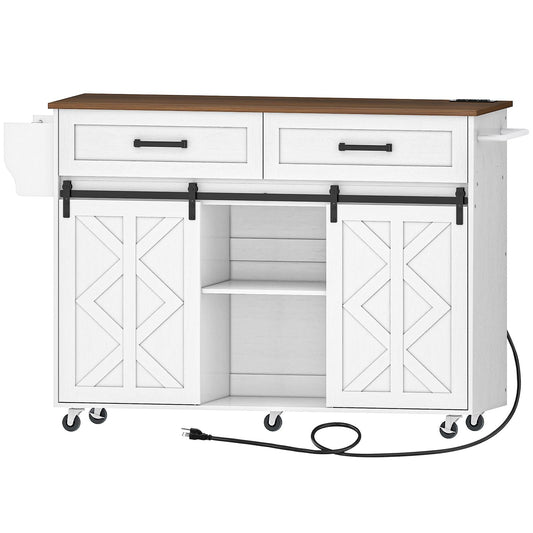 Kitchen Island with Power Outlet with Drawers - White & Walnut