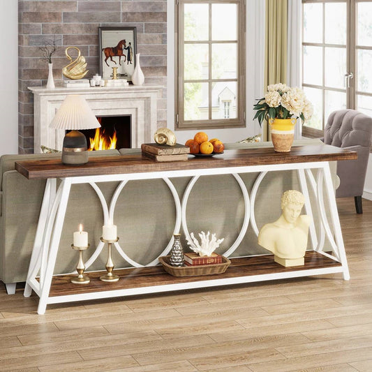 Industrial 70-inch Brown Wood Top Sofa Table with Heavy Duty White Metal Frame