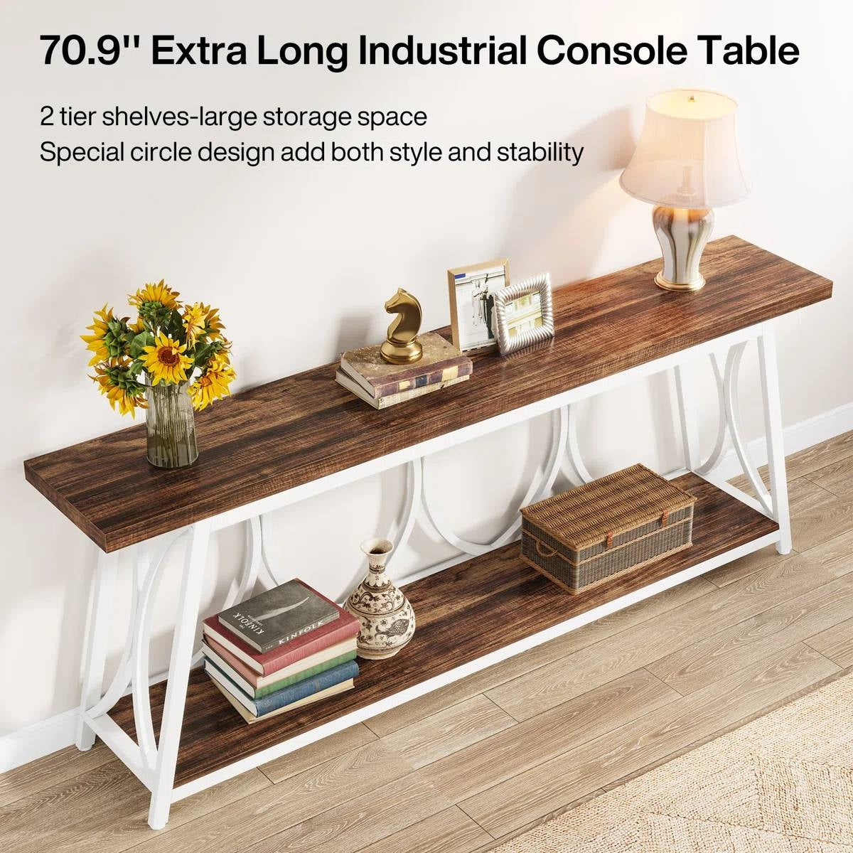 Industrial 70-inch Brown Wood Top Sofa Table with Heavy Duty White Metal Frame