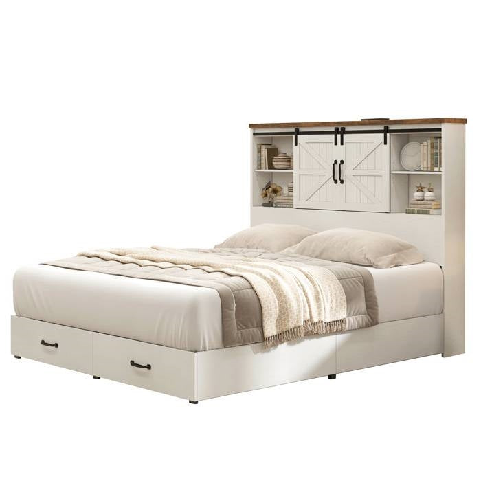 Full White Farmhouse Platform Bed Bookcase Headboard Storage Drawers with open shelves and sliding barn doors.