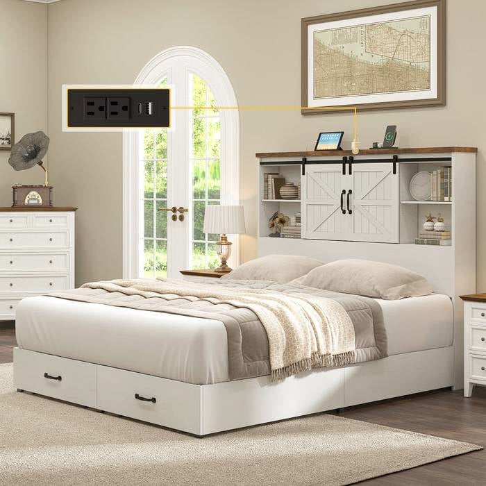 Full White Farmhouse Platform Bed Bookcase Headboard Storage Drawers with USB outlets and rustic sliding barn doors.