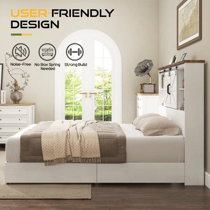 Full White Farmhouse Platform Bed Bookcase Headboard Storage Drawers in a stylish bedroom setting.