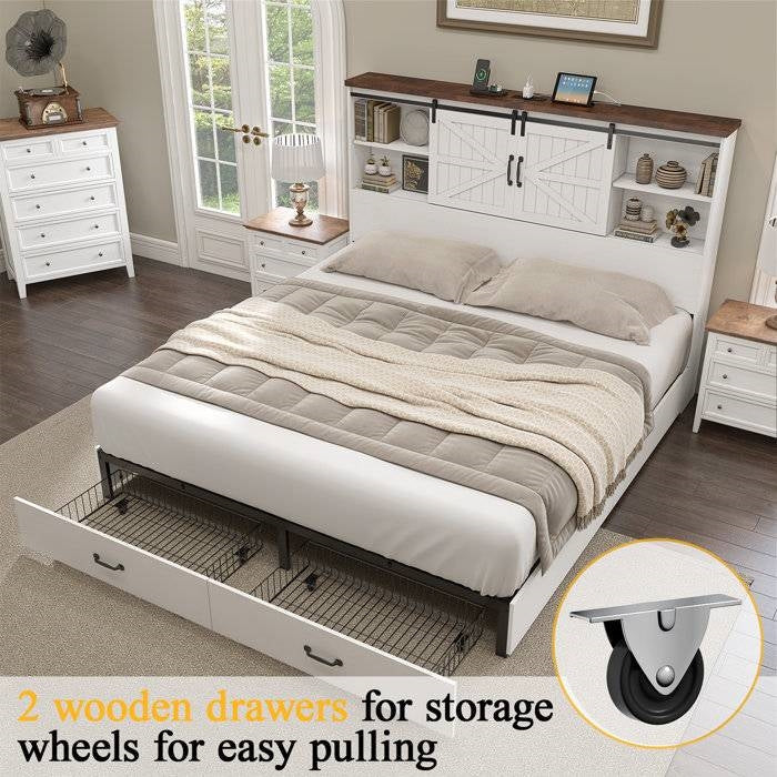 Full White Farmhouse Platform Bed Bookcase Headboard Storage Drawers with 2 wooden drawers and easy-pull wheels.