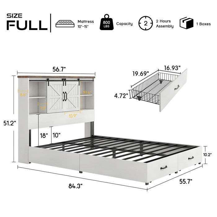 Full White Farmhouse Platform Bed Bookcase Headboard Storage Drawers dimensions and assembly details.