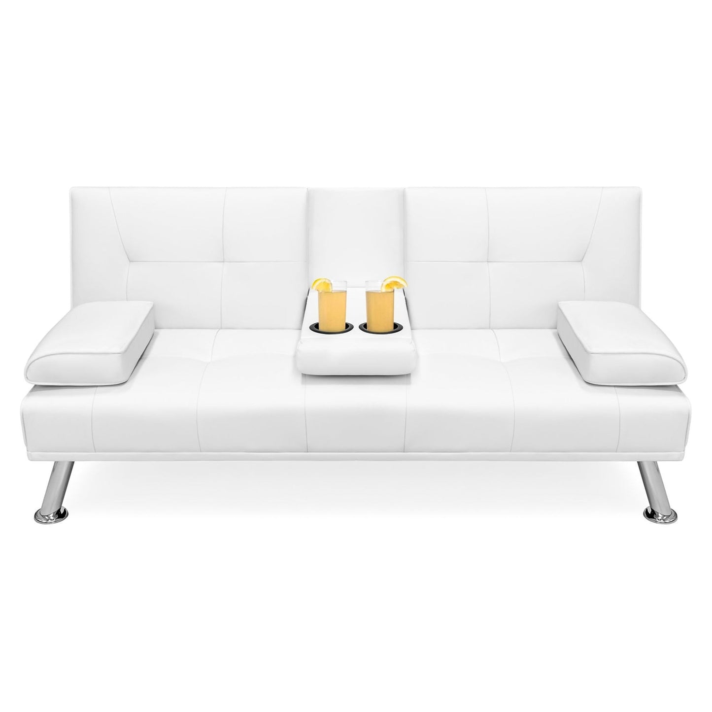 White leather sofa with a small table and items on a white background