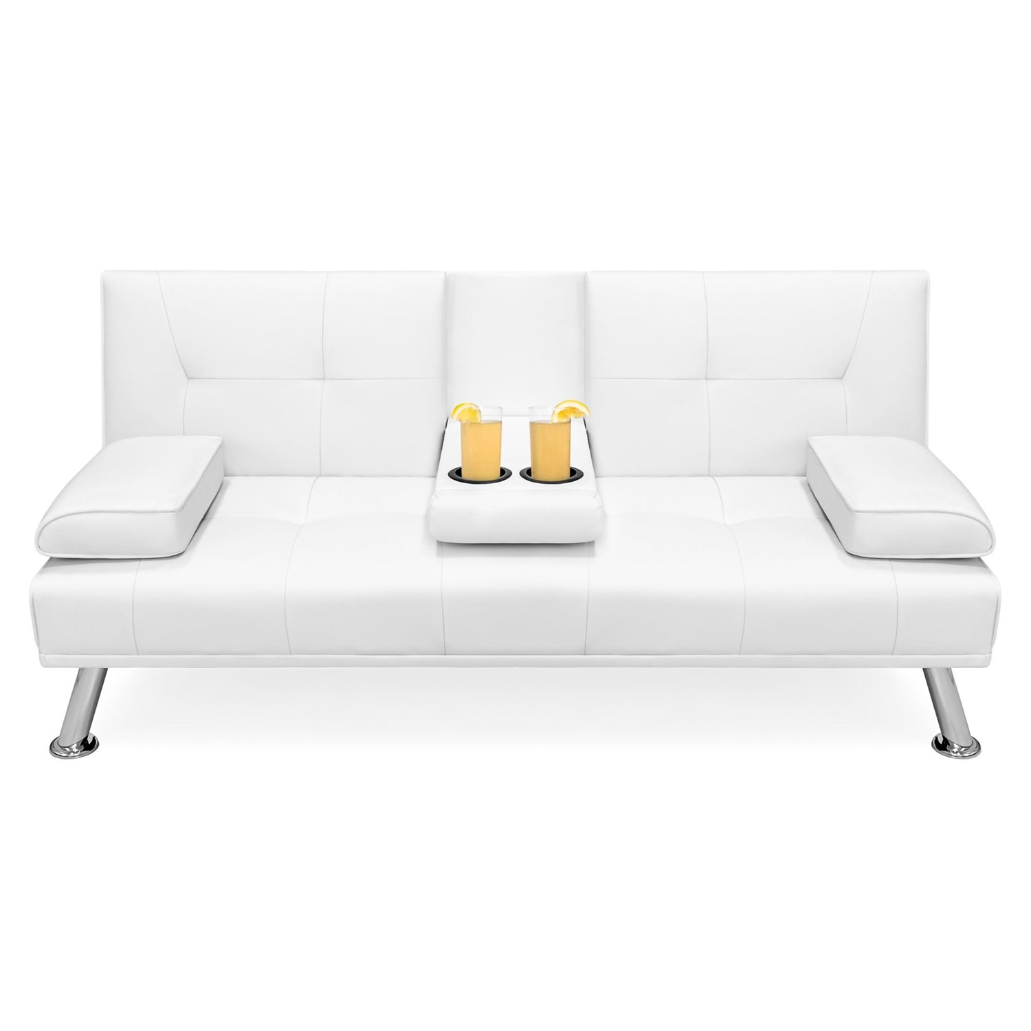 White leather sofa with a small table and items on a white background