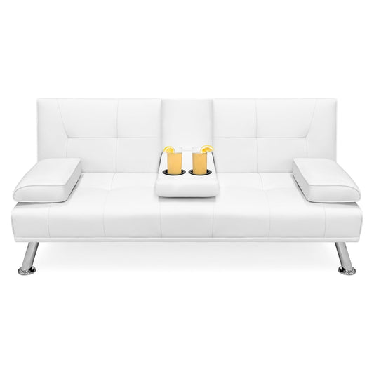 White leather sofa with a small table and items on a white background