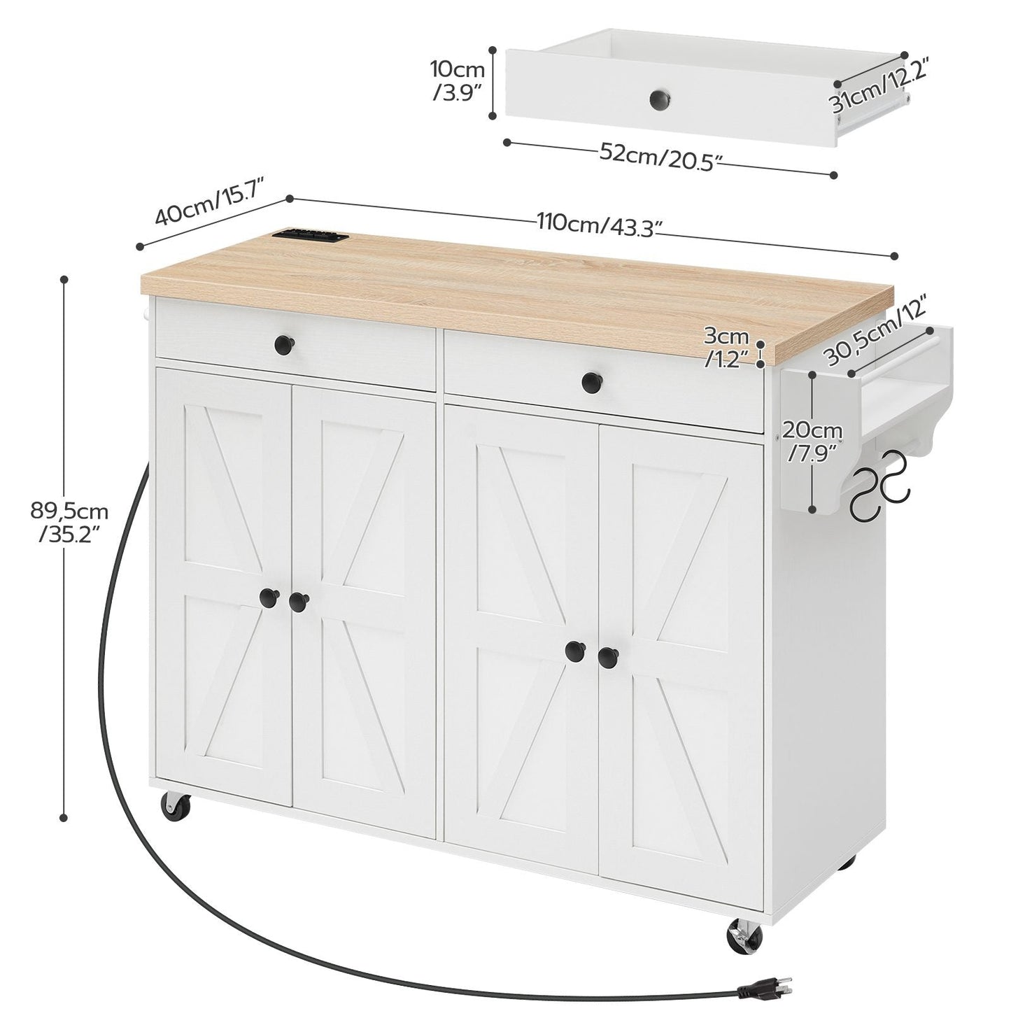 Kitchen Island with Power Outlet with Storage - White & Natural