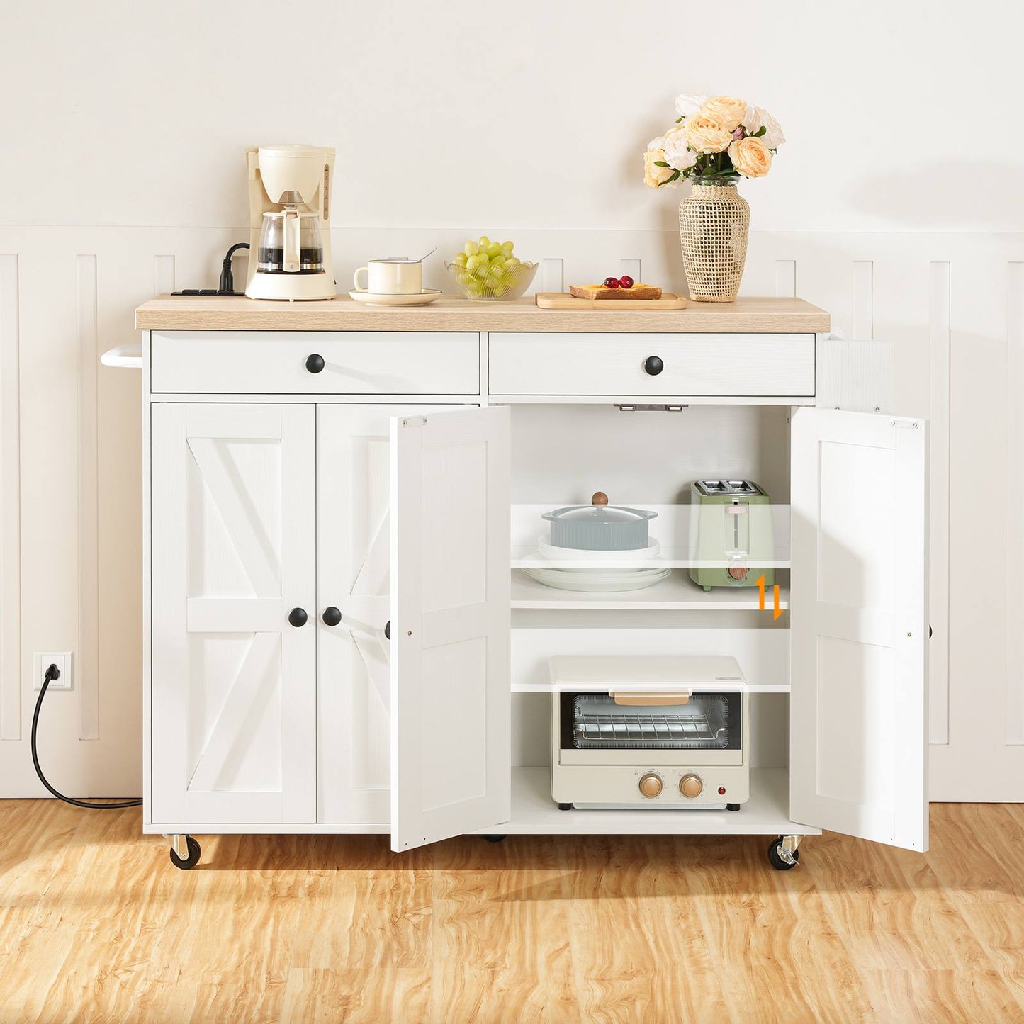 Kitchen Island with Power Outlet with Storage - White & Natural