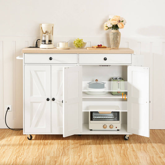 Kitchen Island with Power Outlet with Storage - White & Natural