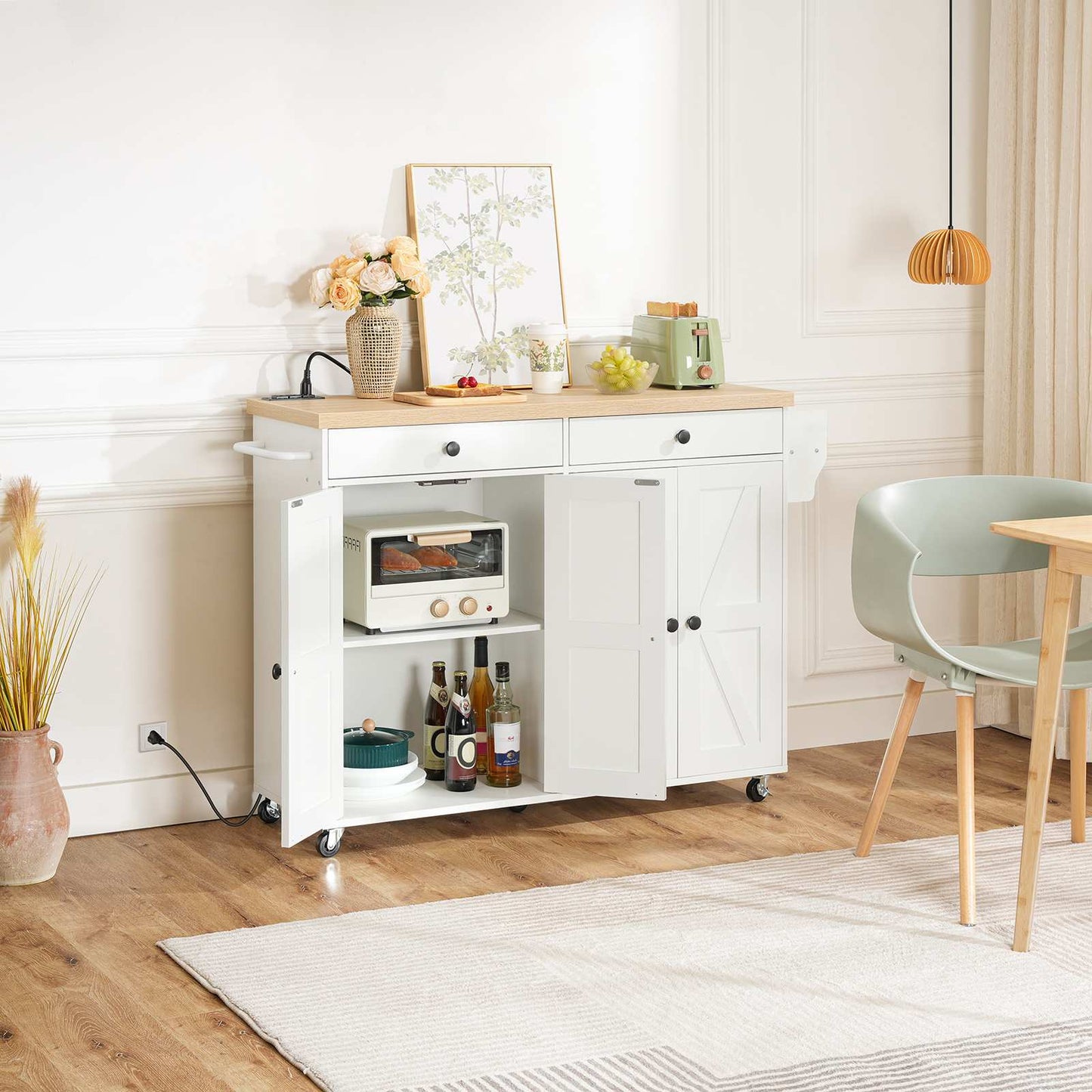 Kitchen Island with Power Outlet with Storage - White & Natural