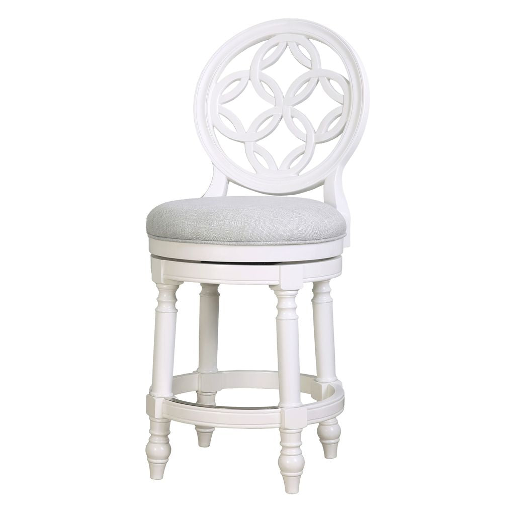Gastonia Swivel Stool In White featuring a stylish round back and plush seat, perfect for any modern decor.