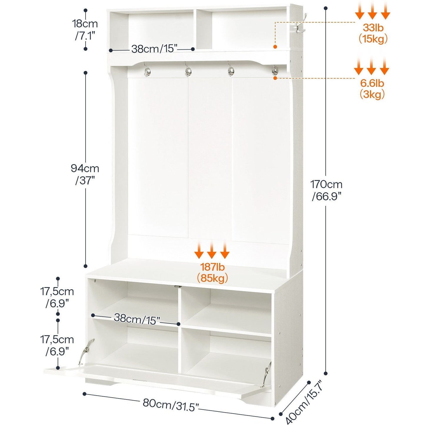 Hall Tree with Bench and Shoe Storage - White
