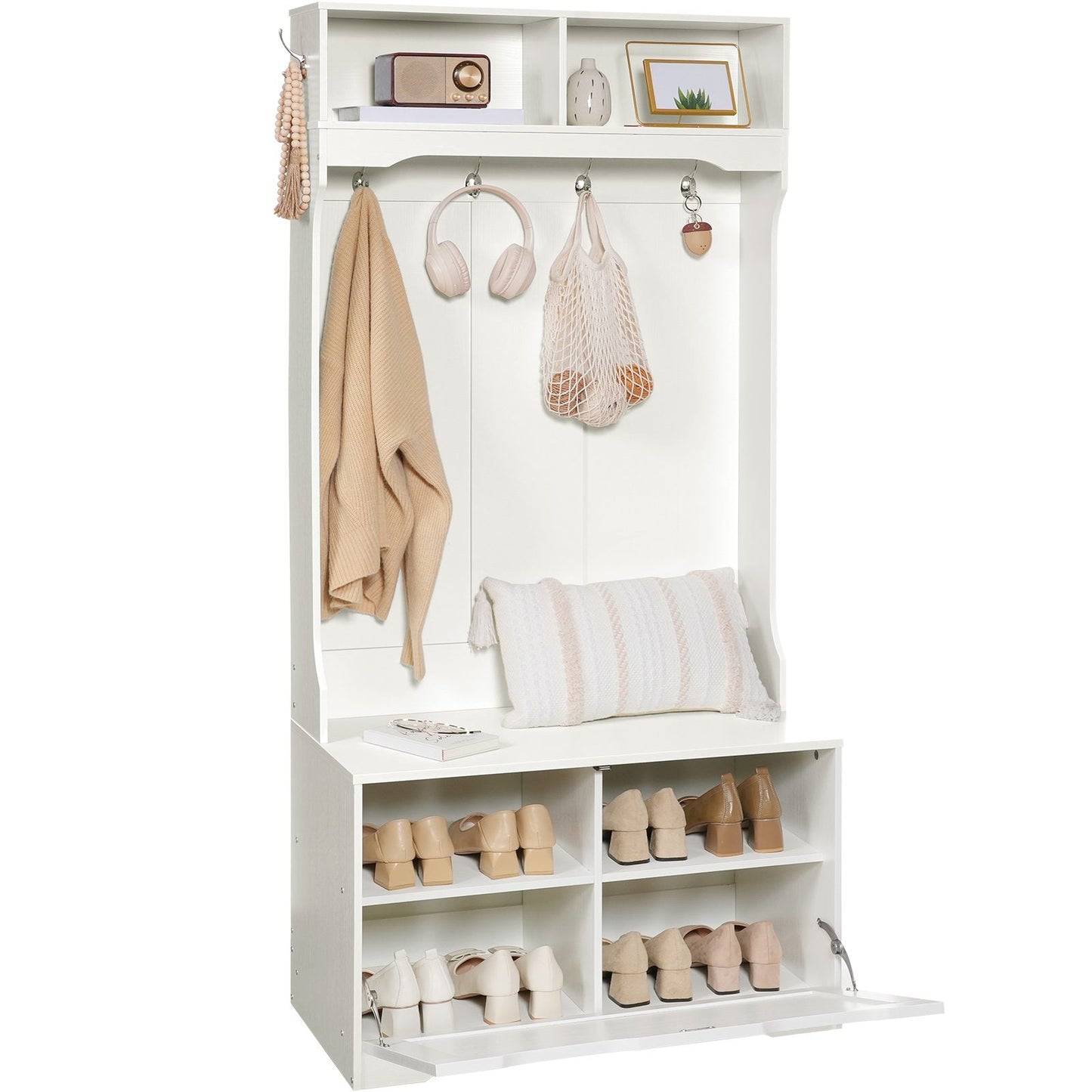Hall Tree with Bench and Shoe Storage - White