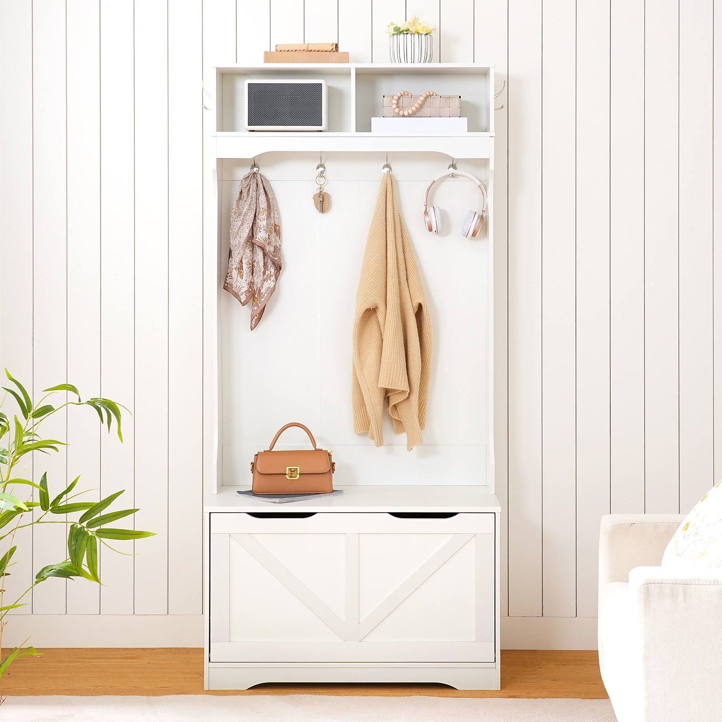 Hall Tree with Bench and Shoe Storage - White