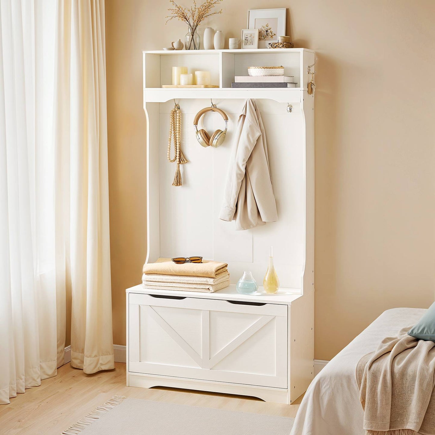 Hall Tree with Bench and Shoe Storage - White