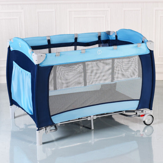 Costway Foldable Baby Crib Playpen Travel Infant Flat Bassinet Bed Mosquito Net Music with Bag Blue