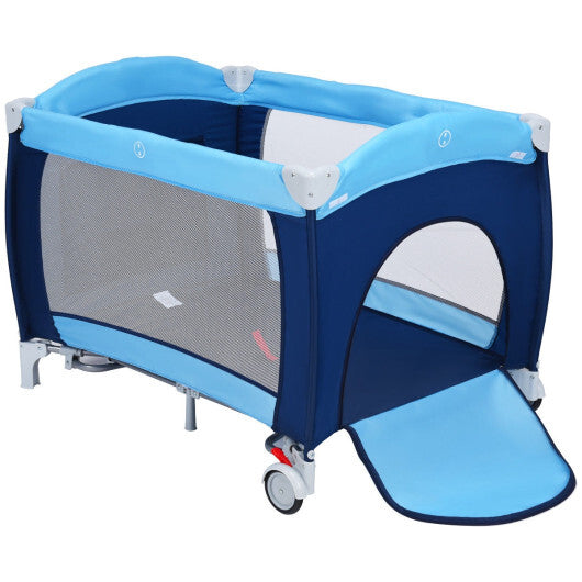 Costway Foldable Baby Crib Playpen Travel Infant Flat Bassinet Bed Mosquito Net Music with Bag Blue