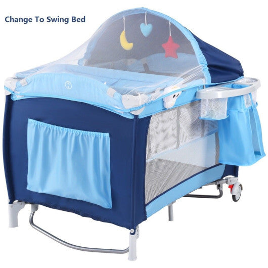 Costway Foldable Baby Crib Playpen Travel Infant Flat Bassinet Bed Mosquito Net Music with Bag Blue