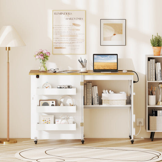 Costway Sewing Machine Table with Charging Station and Lockable Casters-Natural and White