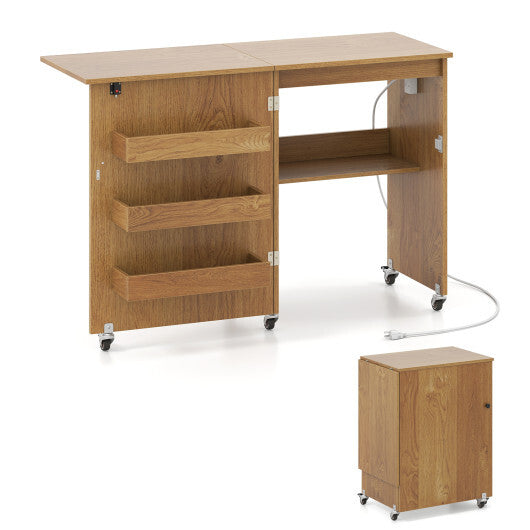 Costway Sewing Machine Table with Charging Station and Lockable Casters-Natural
