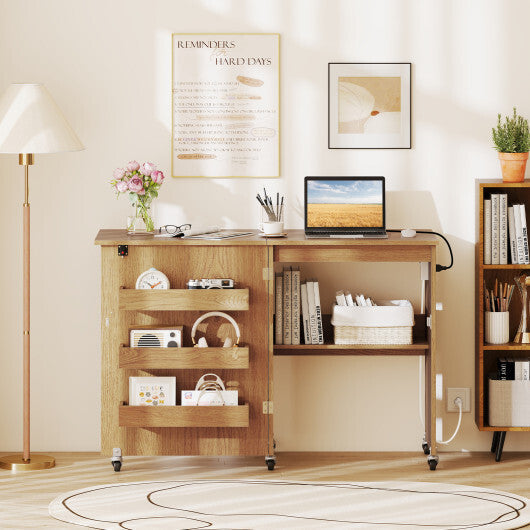 Costway Sewing Machine Table with Charging Station and Lockable Casters-Natural