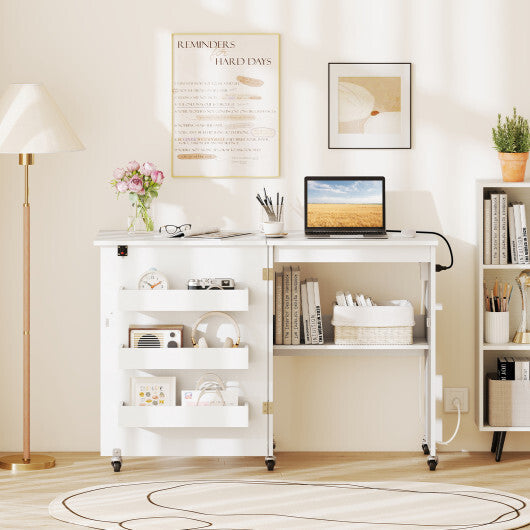 Costway Sewing Machine Table with Charging Station and Lockable Casters-White