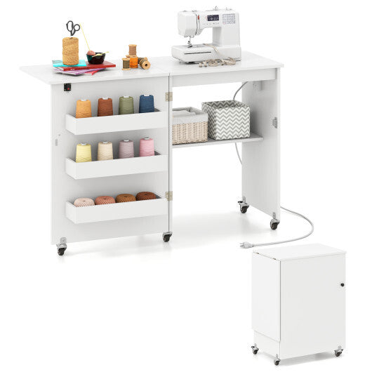 Costway Sewing Machine Table with Charging Station and Lockable Casters-White