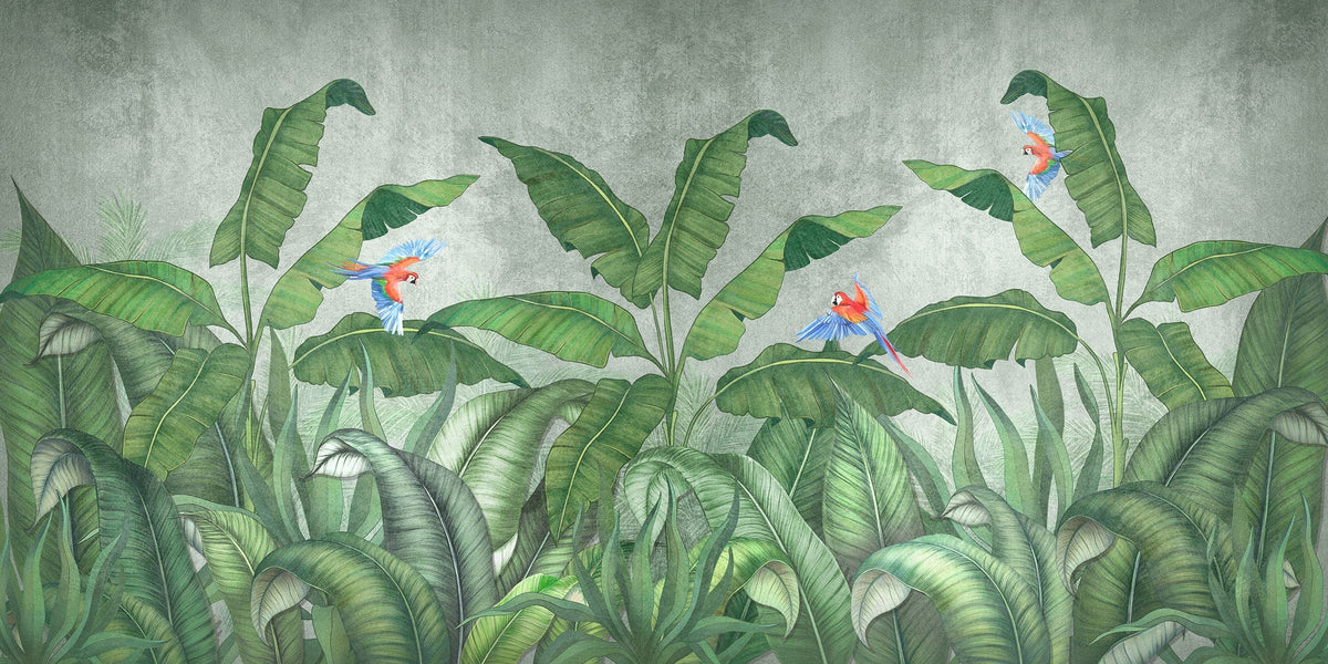 Tropical Paradise Jungle Wallpaper Mural with Parrots