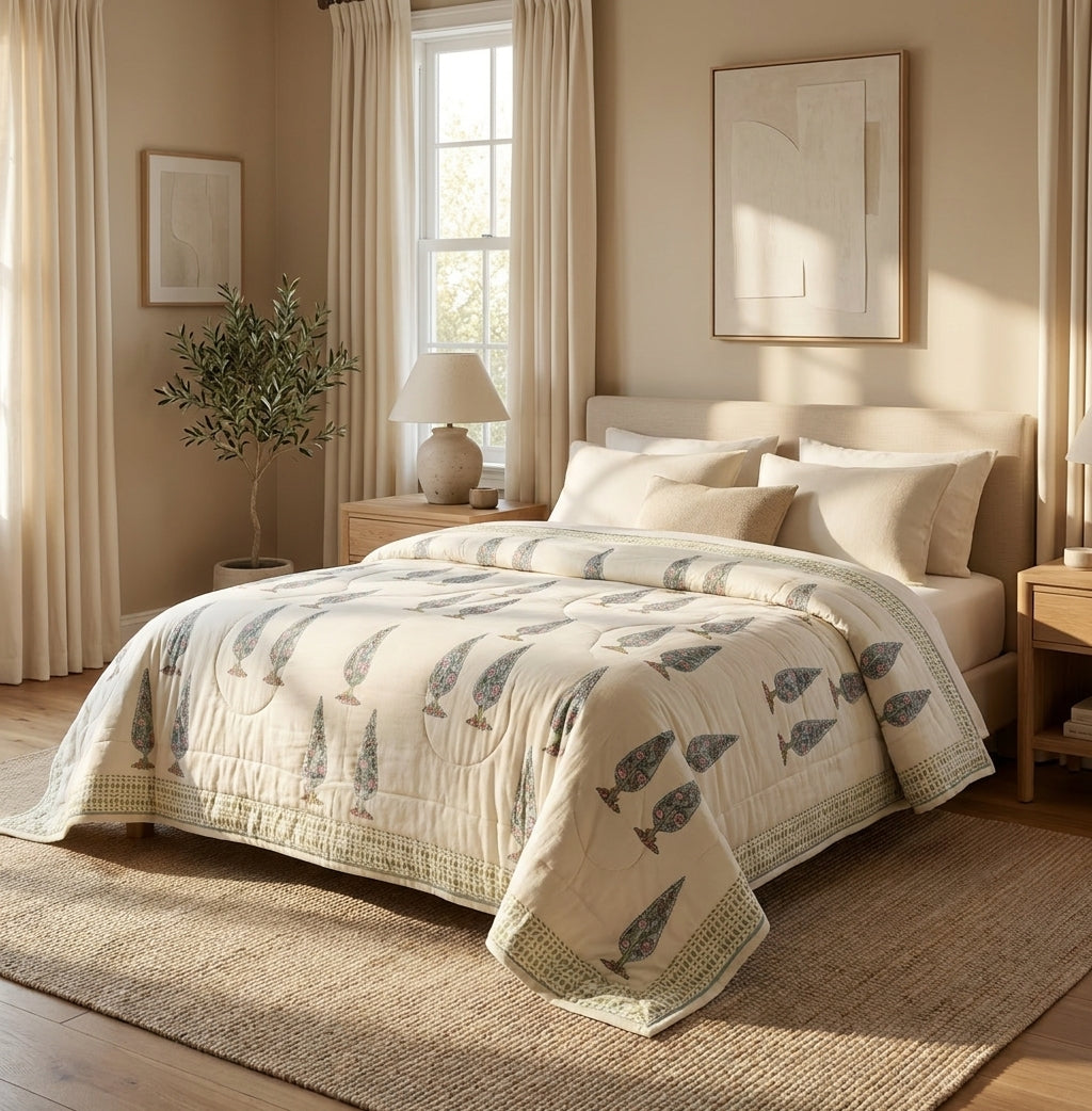 Flowering Garden Trees Hand Block Printed Sanganeri Quilted Comforter