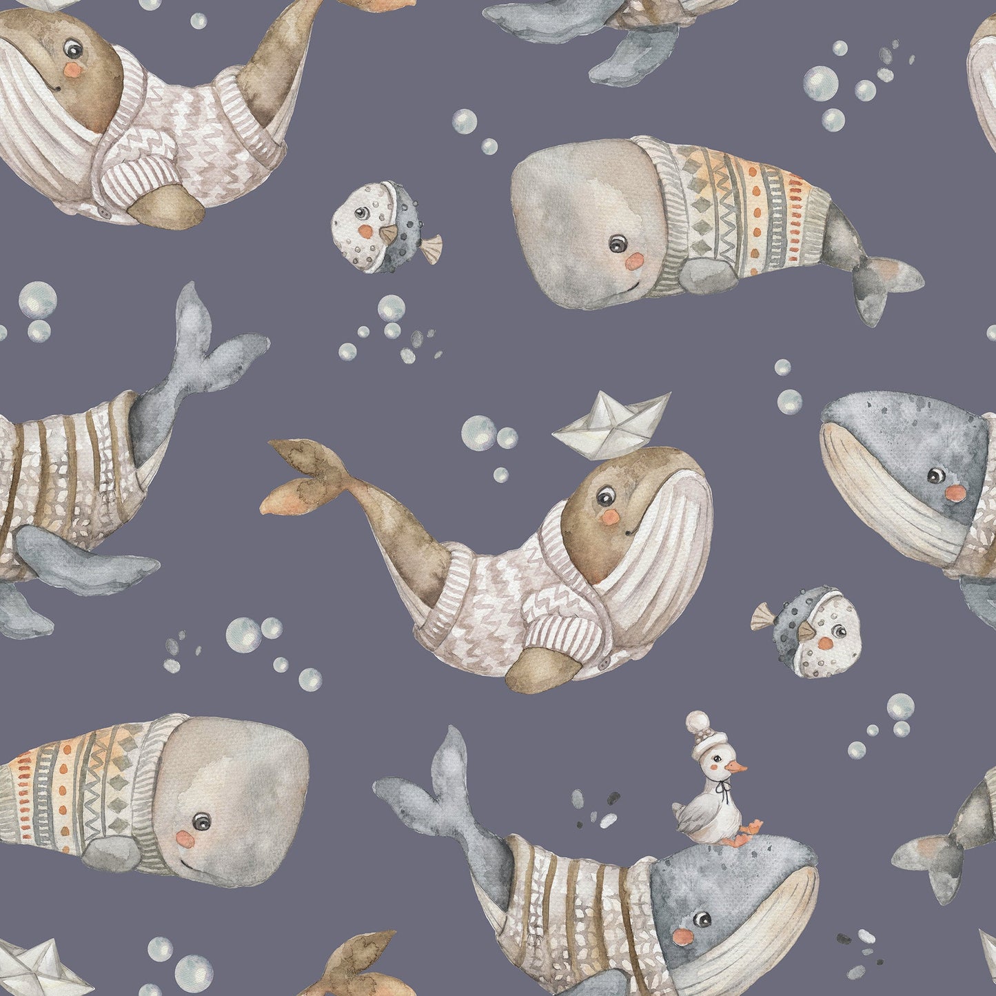 Whale Kids Wallpaper – Whimsical Ocean Adventure in Navy