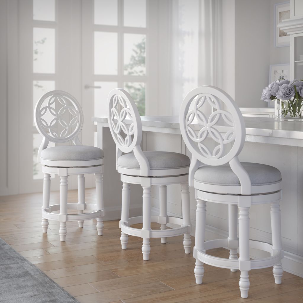 Gastonia Swivel Stool In White featuring elegant floral design and plush seating in a modern kitchen setting.