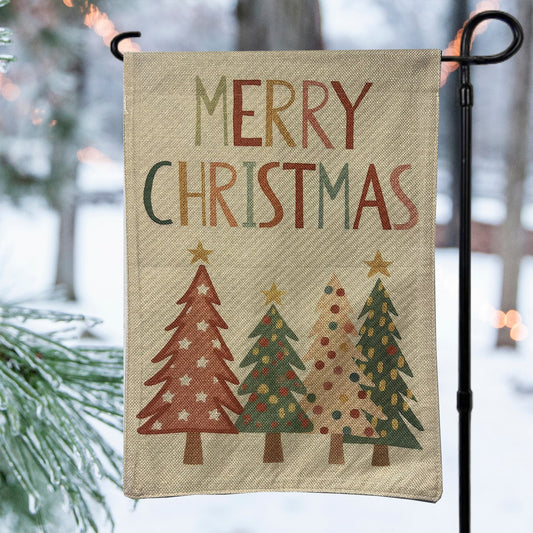 White Merry Christmas Trees Garden Flag featuring colorful trees and festive design for holiday decor.
