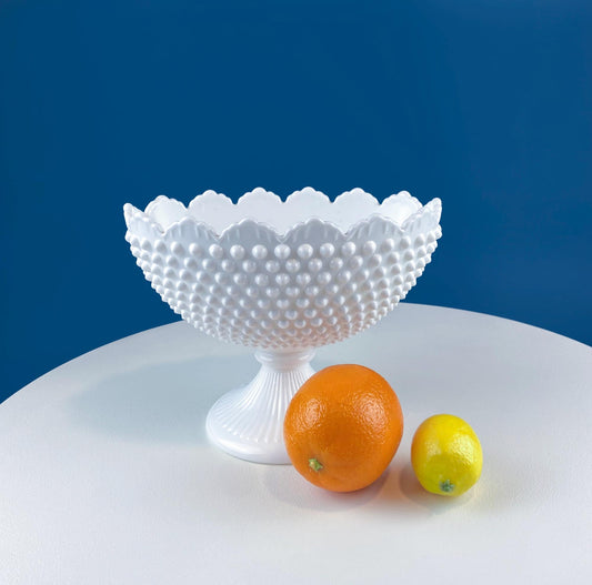 Large Milk Glass Oval Pedestal. White Hobnail Footed Fruit Bowl or Flower Vase. Urn with Scalloped Edge. Dining Room Decor. Wedding Gift.