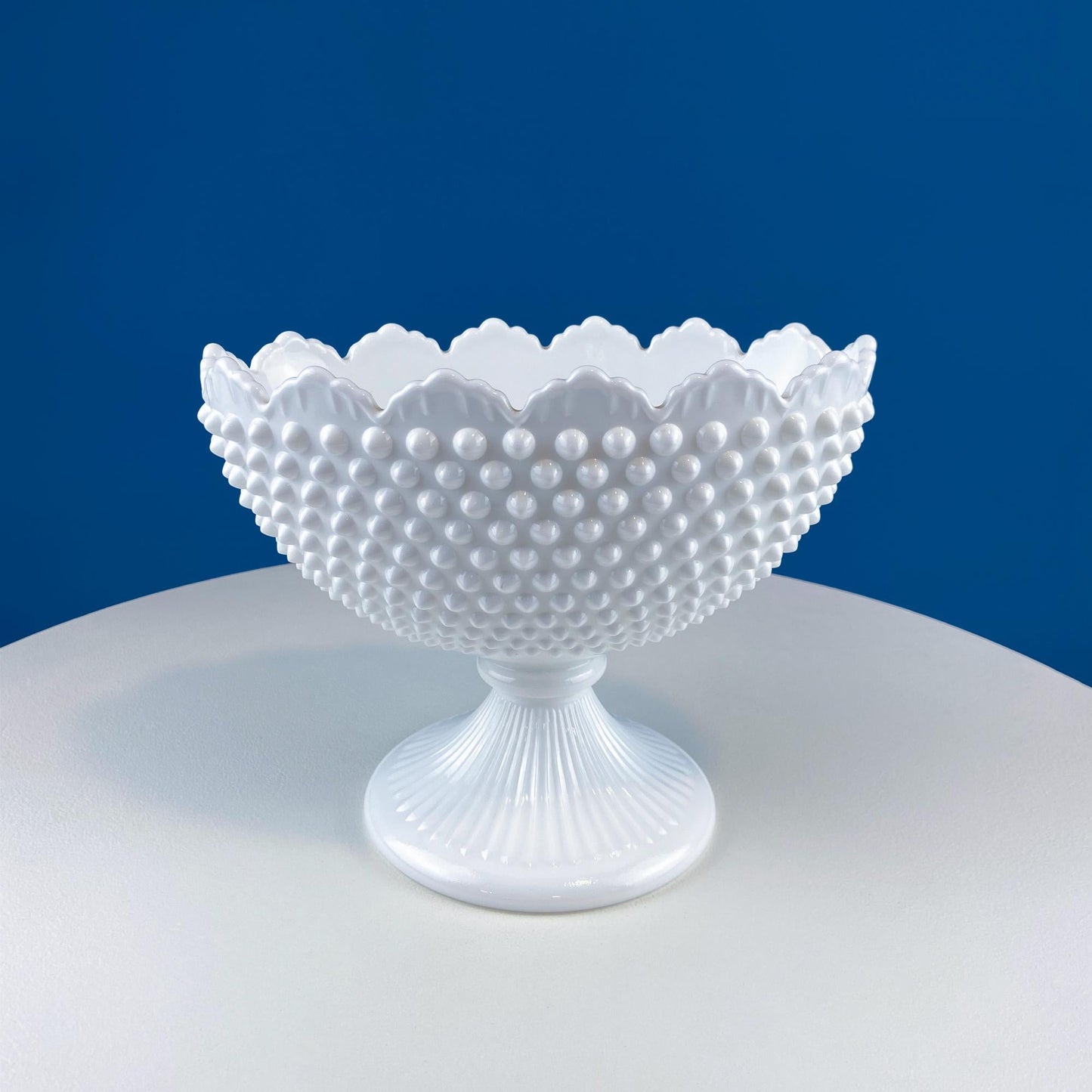 Large Milk Glass Oval Pedestal. White Hobnail Footed Fruit Bowl or Flower Vase. Urn with Scalloped Edge. Dining Room Decor. Wedding Gift.
