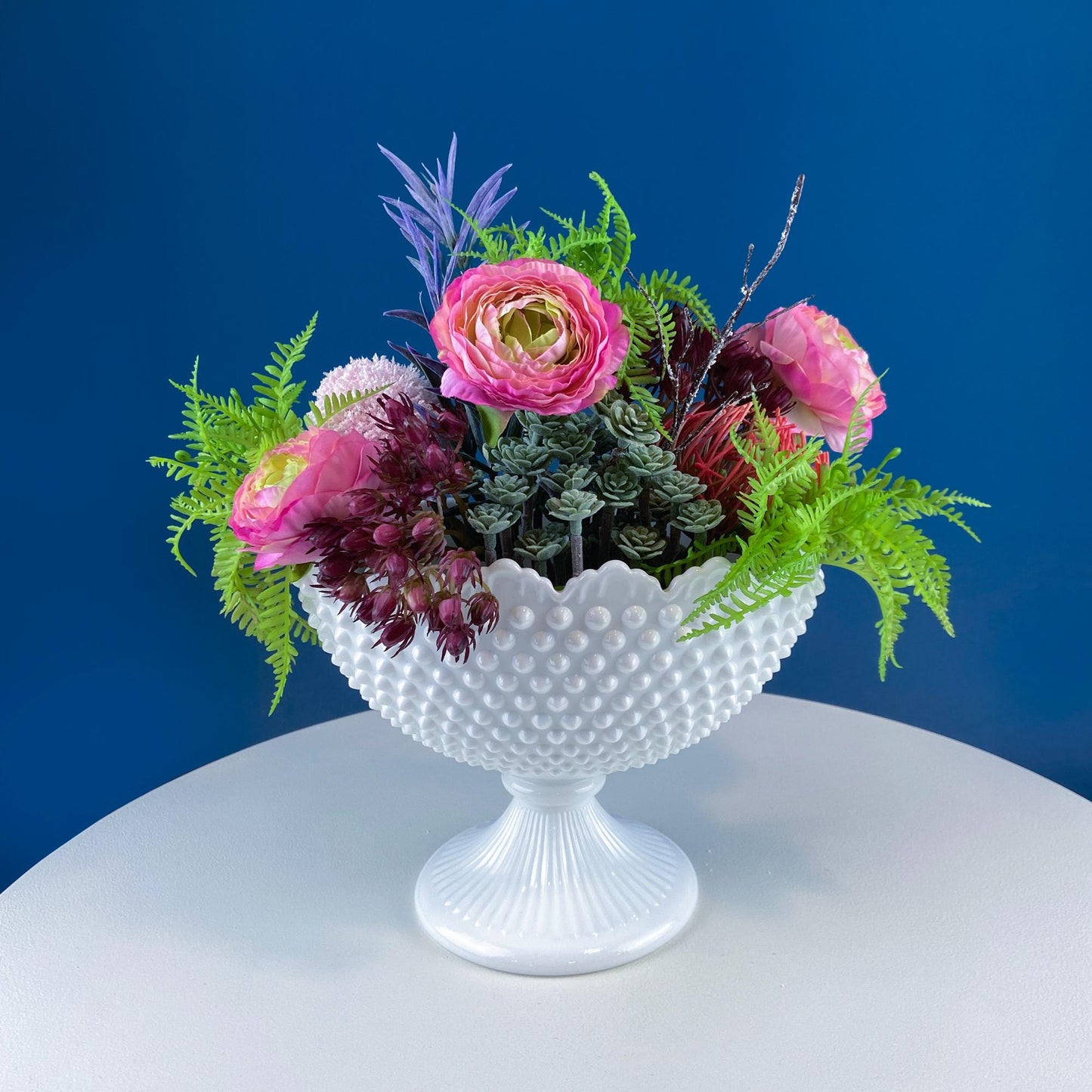 Large Milk Glass Oval Pedestal. White Hobnail Footed Fruit Bowl or Flower Vase. Urn with Scalloped Edge. Dining Room Decor. Wedding Gift.