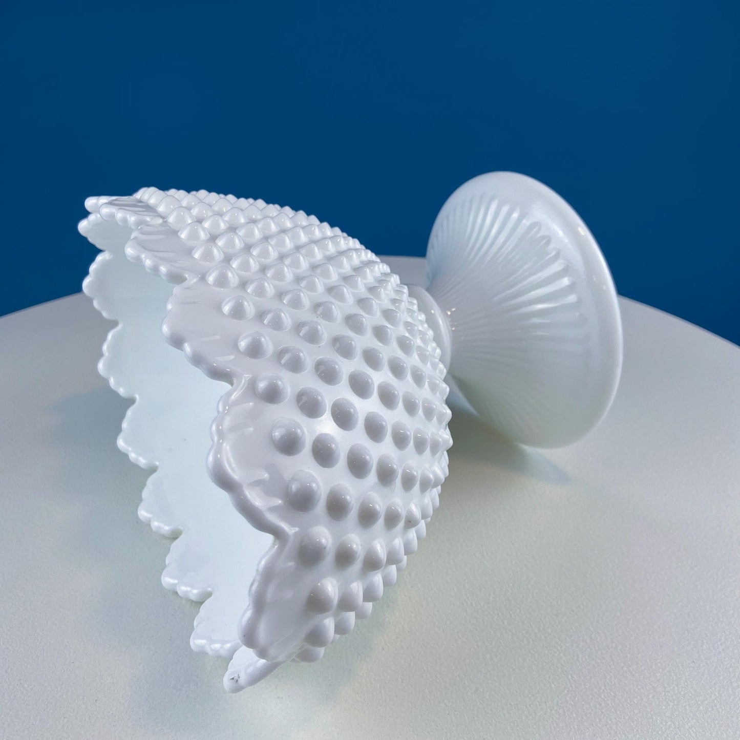 Large Milk Glass Oval Pedestal. White Hobnail Footed Fruit Bowl or Flower Vase. Urn with Scalloped Edge. Dining Room Decor. Wedding Gift.