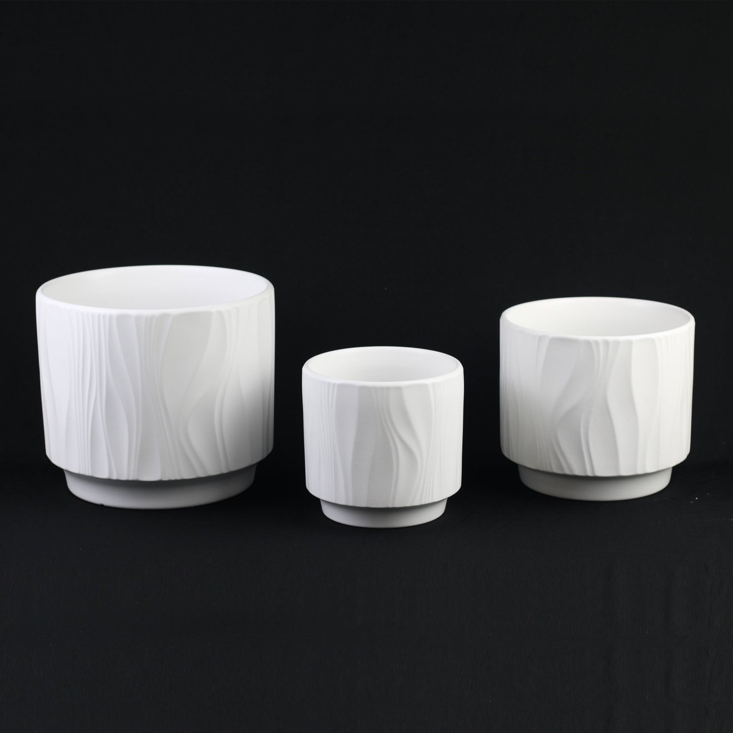 3-Piece White Stoneware Planter Pot Set with Embossed Texture