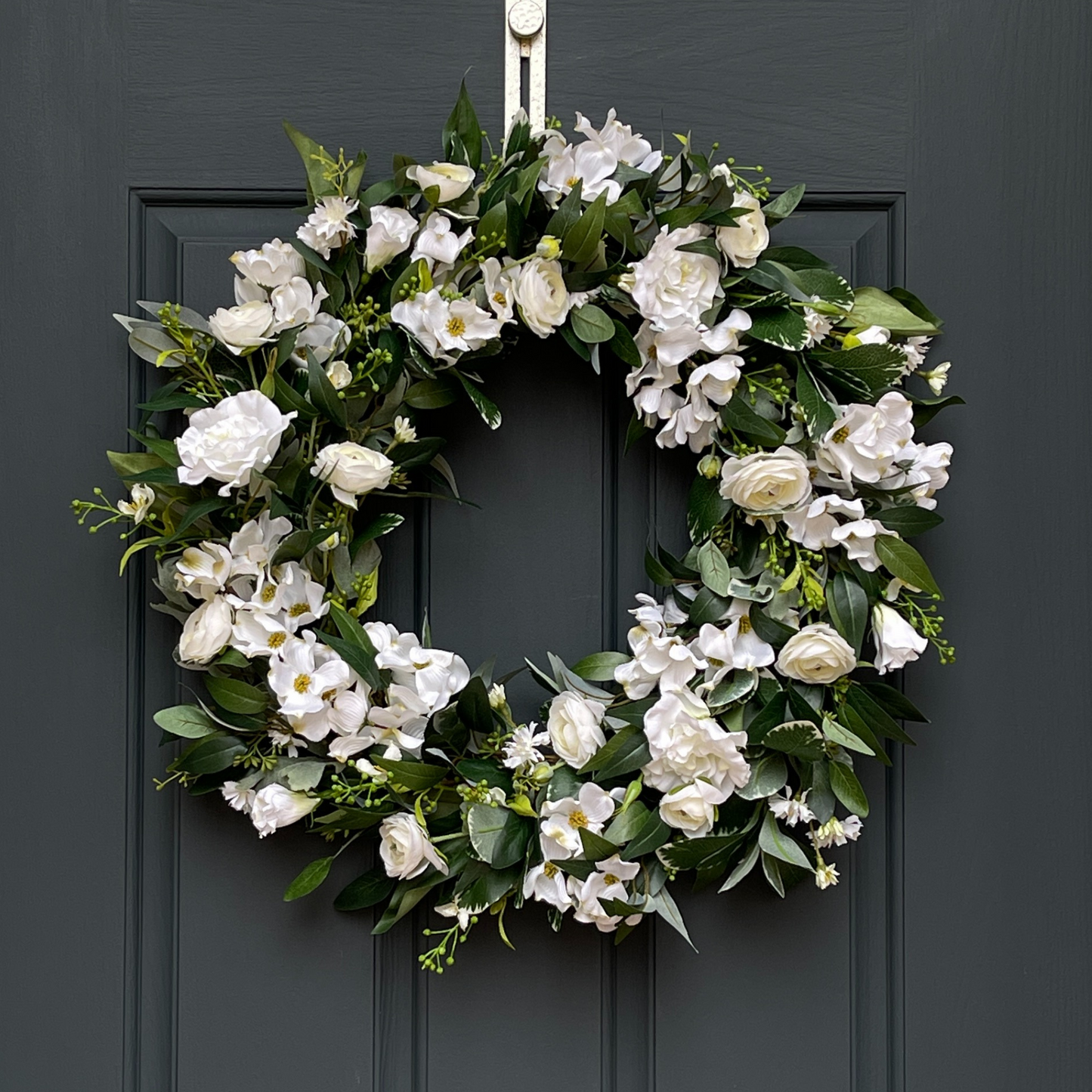 White & Green Dogwood, Ranunculus, and Eucalyptus Wreath
